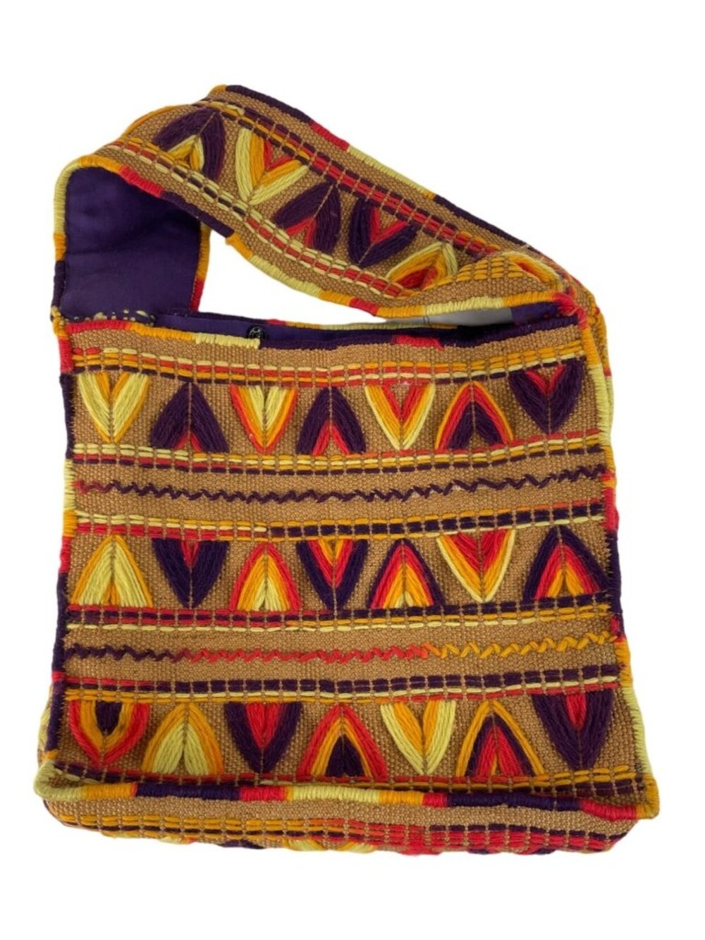 Vintage Handmade Colorful Yarn Embroidered Burlap Lined Tote Bag